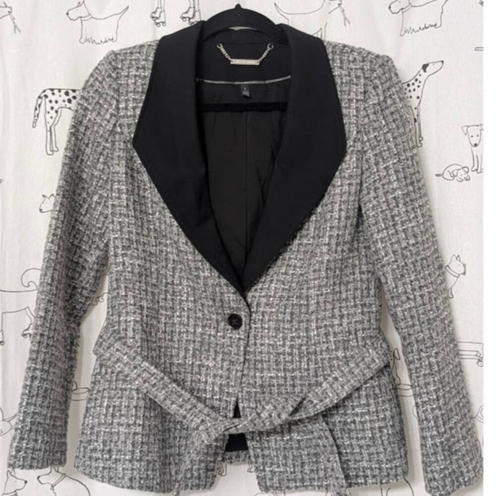 WHBM Tweed Wrap Belted Blazer Jacket Womens 2 Gray Shawl Collar Wool Blend Work